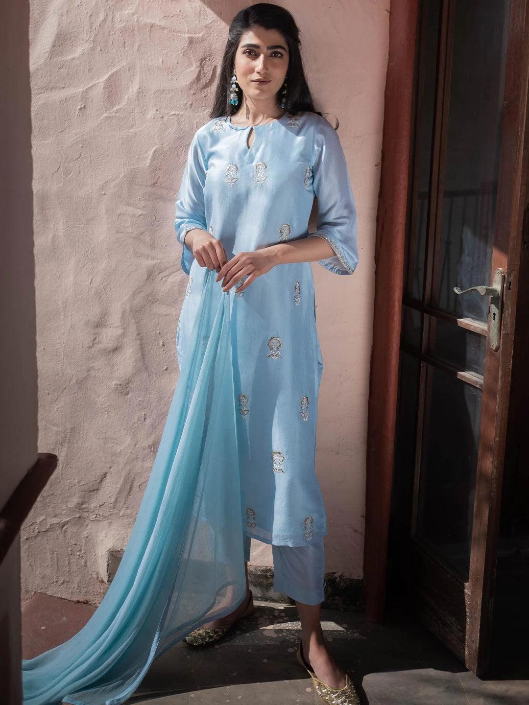 Blue Embroidered Silk Suit Set - ShopLibas