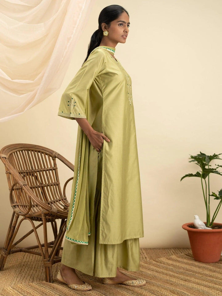 Green Embroidered Silk Suit Set - ShopLibas