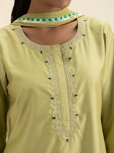 Green Embroidered Silk Suit Set - ShopLibas