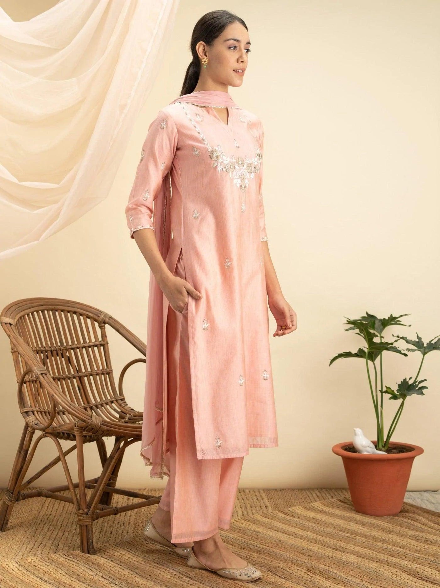 Pink Embroidered Silk Suit Set - ShopLibas