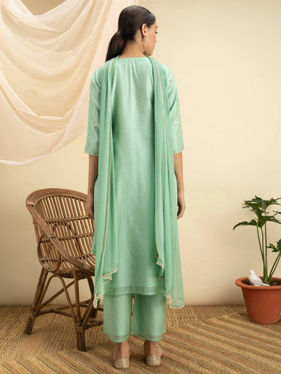 Green Embroidered Silk Suit Set - ShopLibas