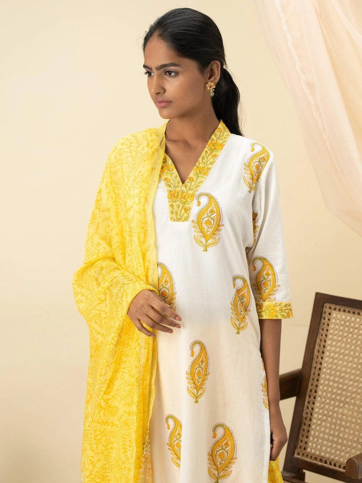 White Printed Cotton Suit Set - ShopLibas
