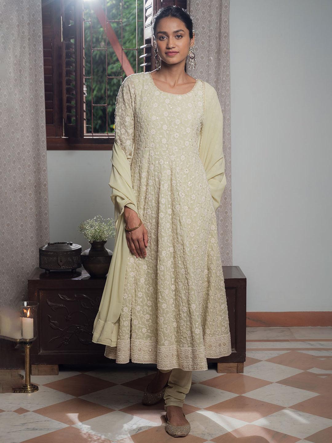 Green Embroidered Georgette Suit Set - ShopLibas