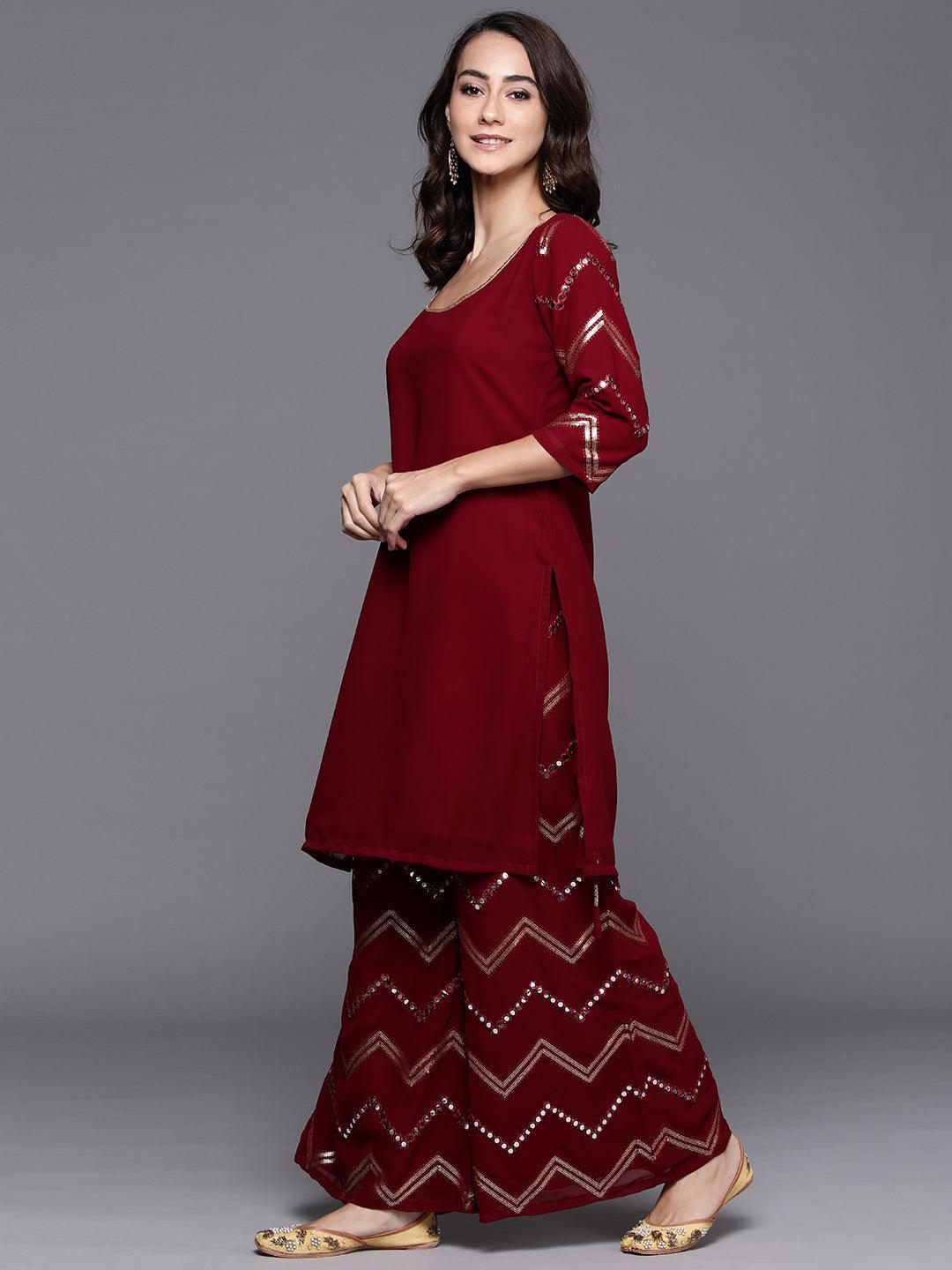 Maroon Solid Poly Georgette Suit Set - ShopLibas