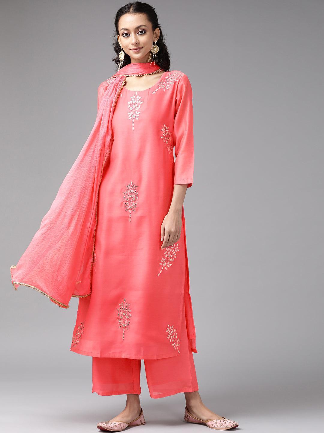 Pink Embroidered Chanderi Silk Suit Set - ShopLibas