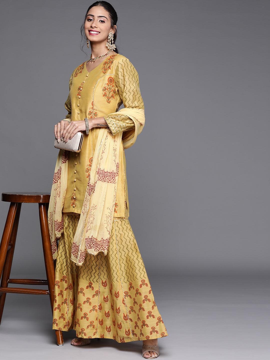 Yellow Printed Chanderi Silk Suit Set - ShopLibas