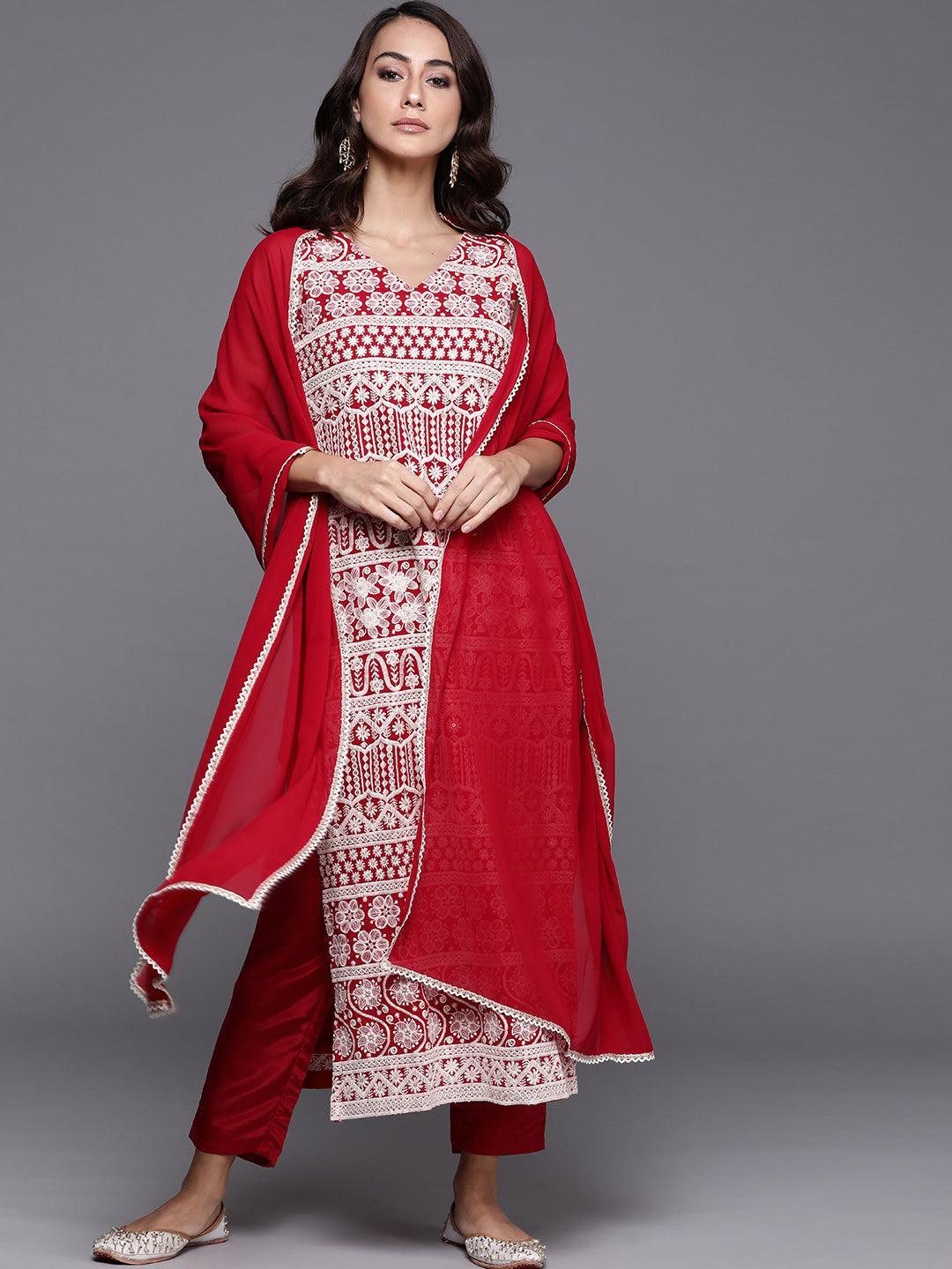 Red Embroidered Georgette Suit Set - ShopLibas