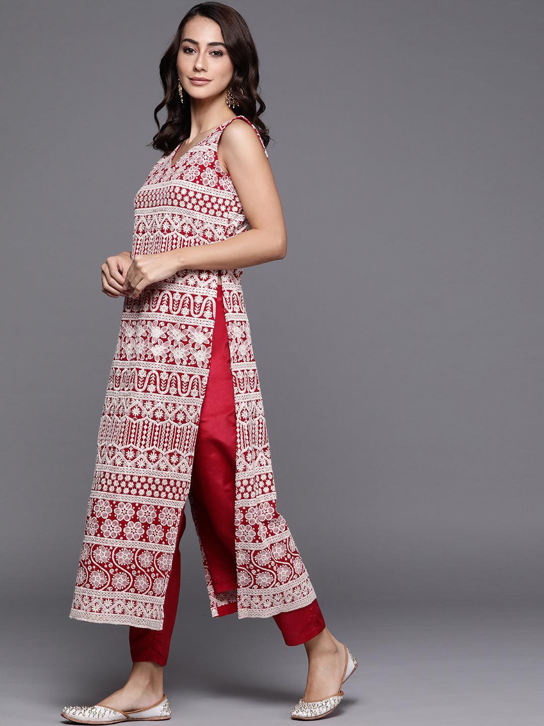 Red Embroidered Georgette Suit Set - ShopLibas