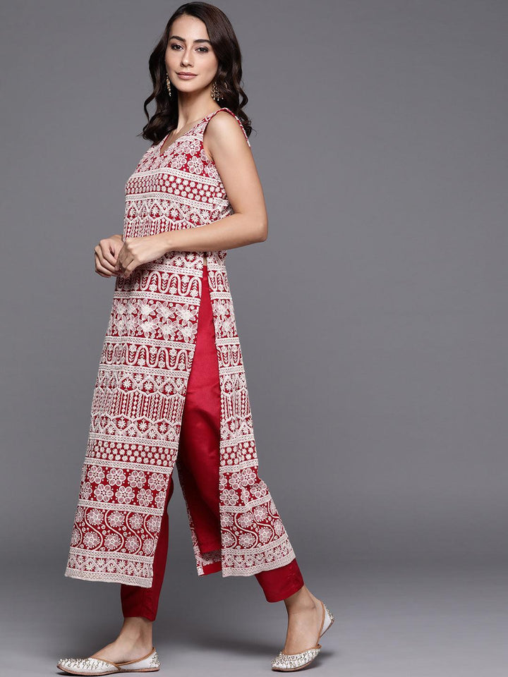 Red Embroidered Georgette Suit Set - ShopLibas