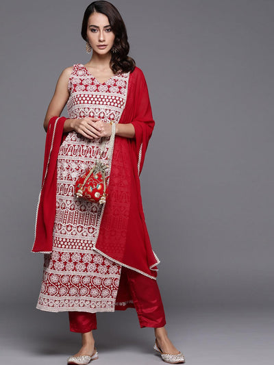 Red Embroidered Georgette Suit Set - ShopLibas