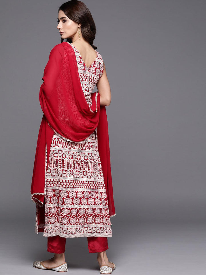 Red Embroidered Georgette Suit Set - ShopLibas
