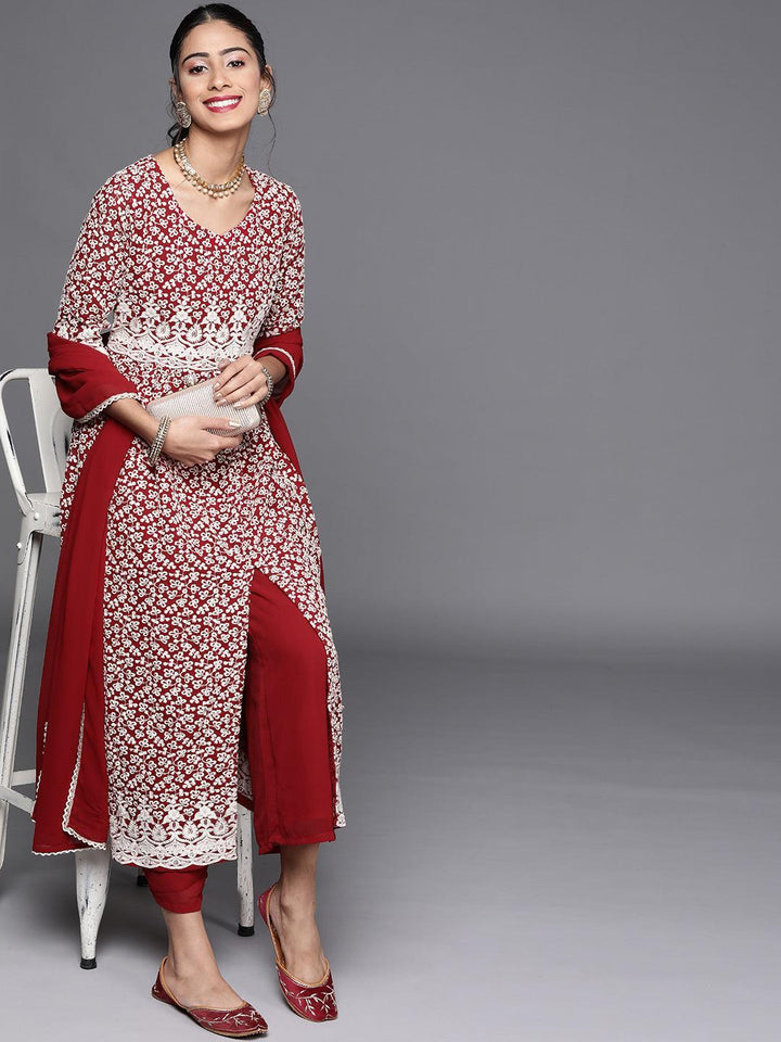 Maroon Embroidered Georgette Suit Set - ShopLibas
