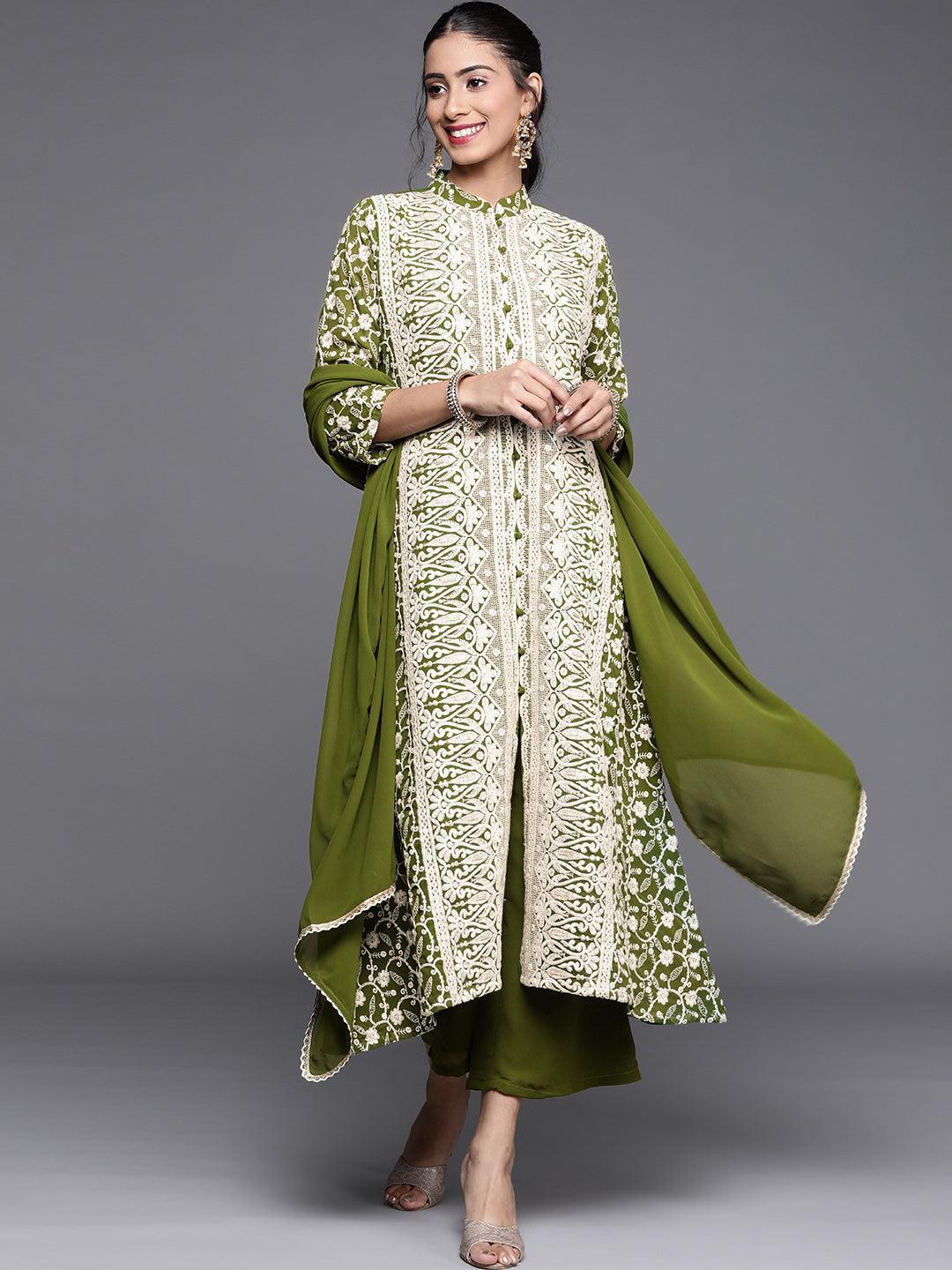 Green Embroidered Georgette Suit Set - ShopLibas