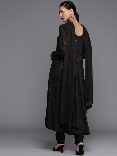 Black Embroidered Poly Georgette Suit Set - ShopLibas