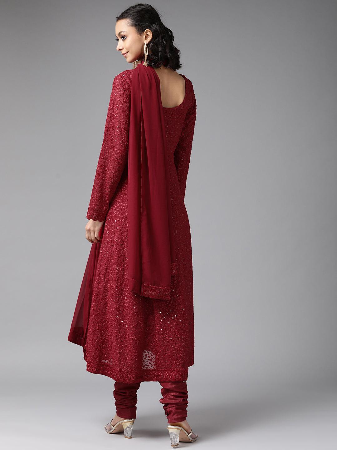 Maroon Embroidered Georgette Suit Set - ShopLibas