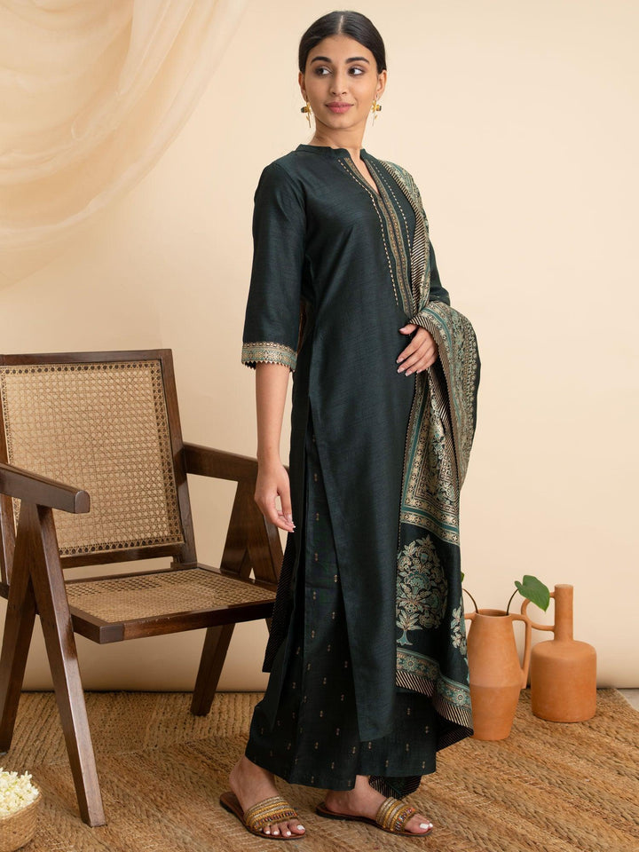 Green Solid Silk Suit Set - ShopLibas