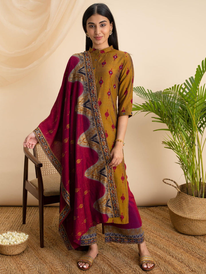 Mustard Printed Rayon Suit Set - ShopLibas