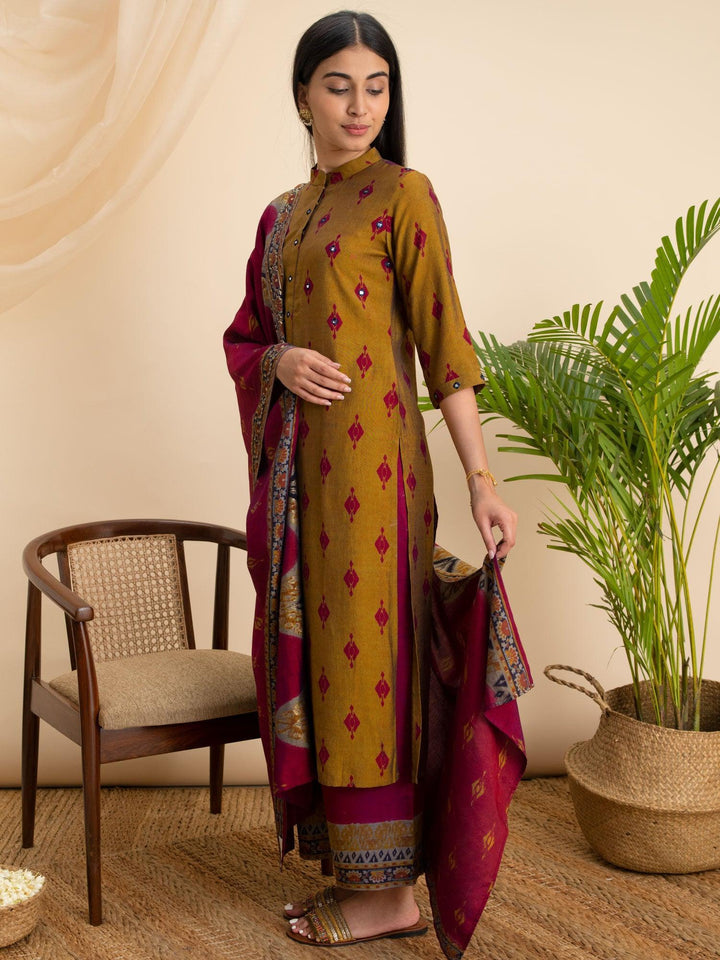 Mustard Printed Rayon Suit Set - ShopLibas