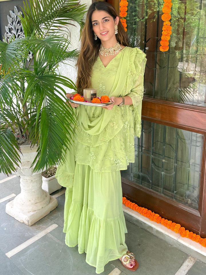 Green Embroidered Georgette Suit Set - ShopLibas