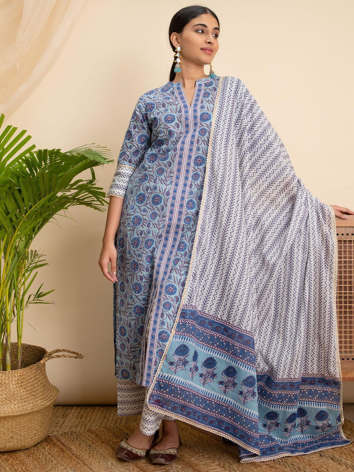Blue Printed Cotton Suit Set - ShopLibas