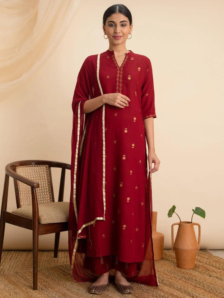 Maroon Printed Rayon Suit Set