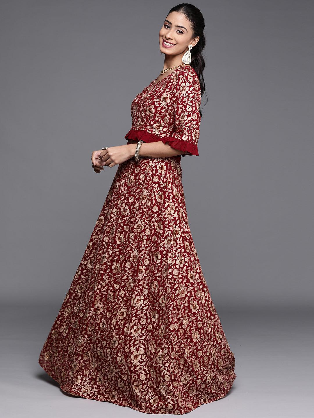 Maroon Embroidered Georgette Lehenga Set - ShopLibas