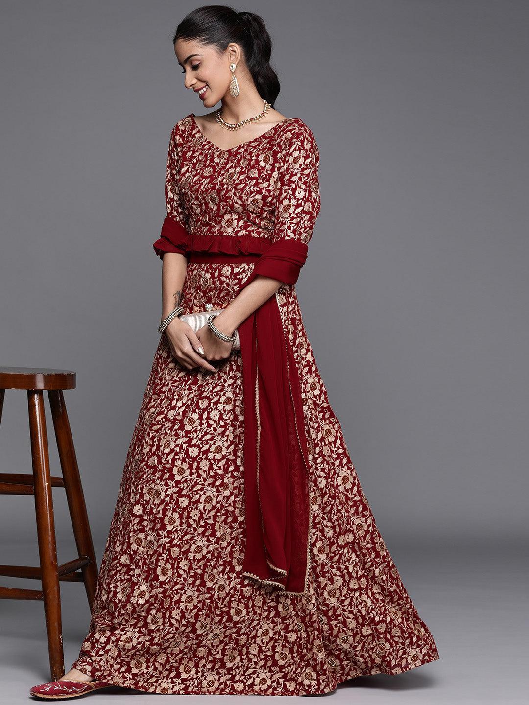 Maroon Embroidered Georgette Lehenga Set - ShopLibas