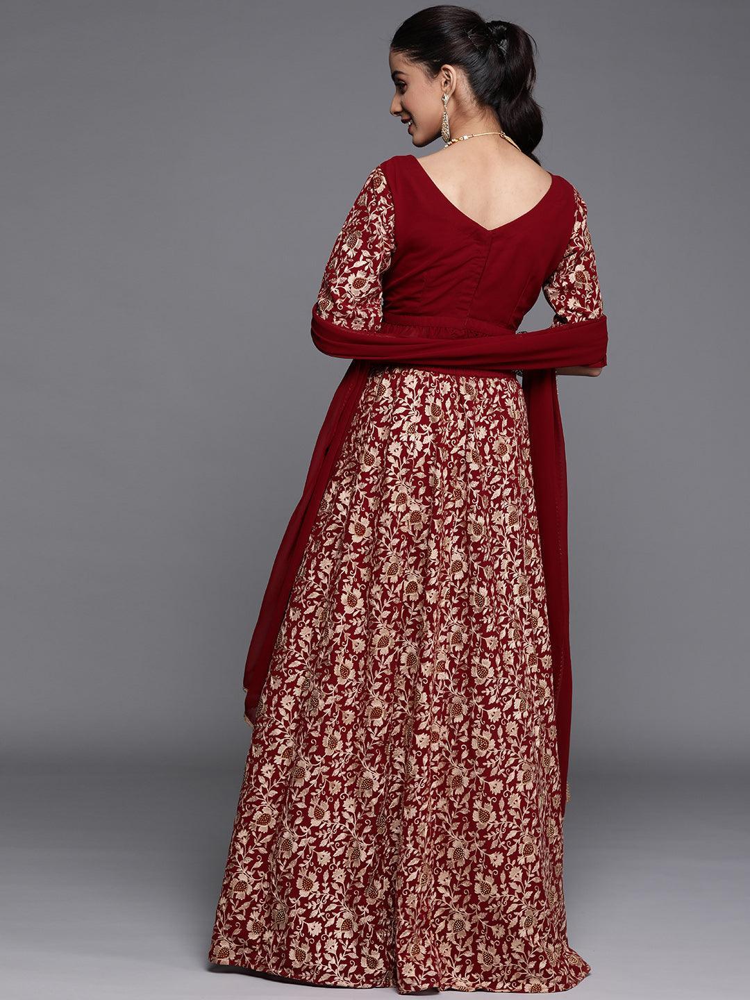 Maroon Embroidered Georgette Lehenga Set - ShopLibas