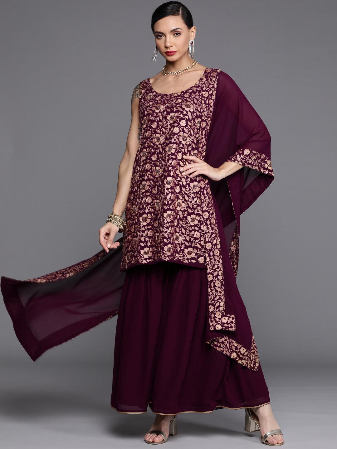 Purple Embroidered Georgette Suit Set - ShopLibas