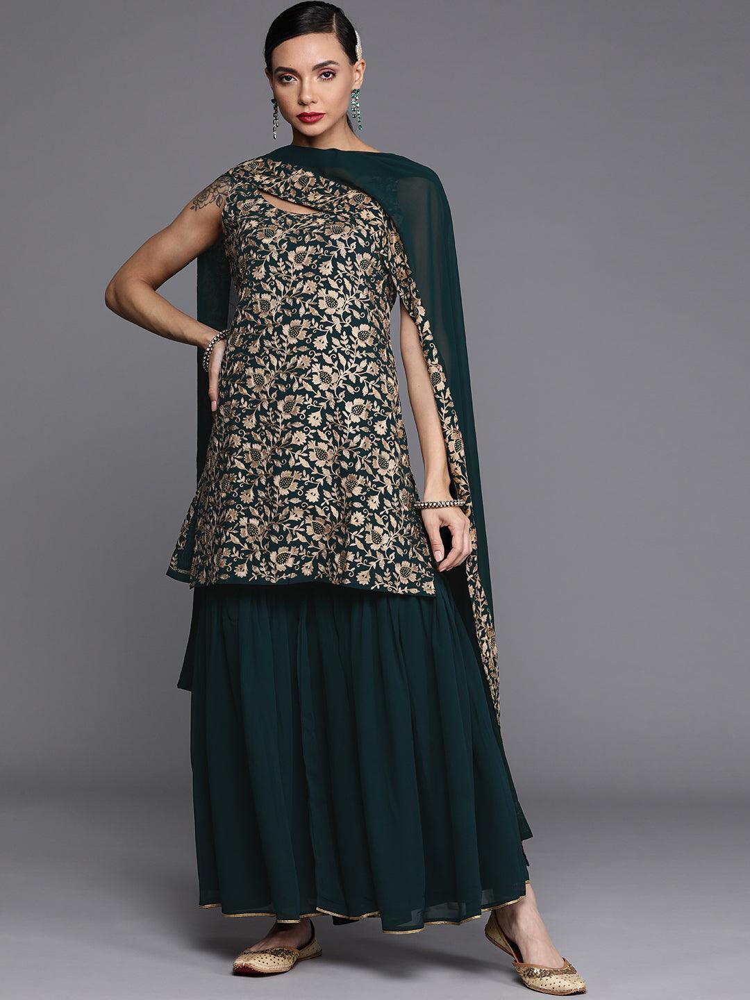 Green Embroidered Georgette Suit Set - ShopLibas