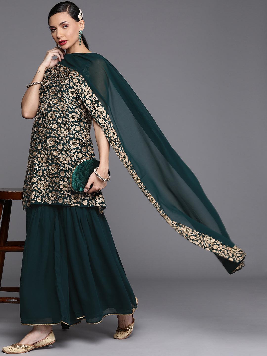 Green Embroidered Georgette Suit Set - ShopLibas