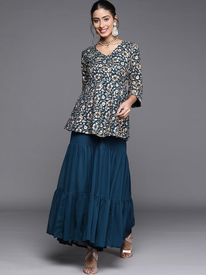 Teal Embroidered Georgette Kurta Set - ShopLibas