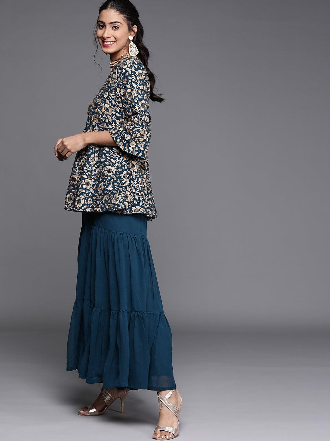 Teal Embroidered Georgette Kurta Set - ShopLibas