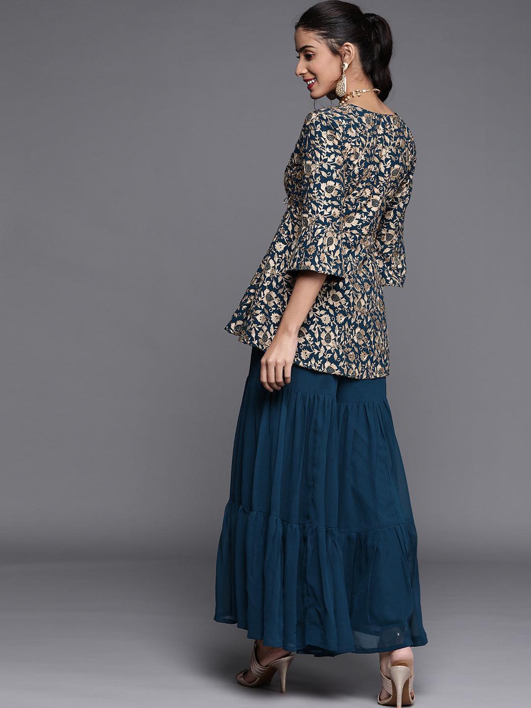 Teal Embroidered Georgette Kurta Set - ShopLibas