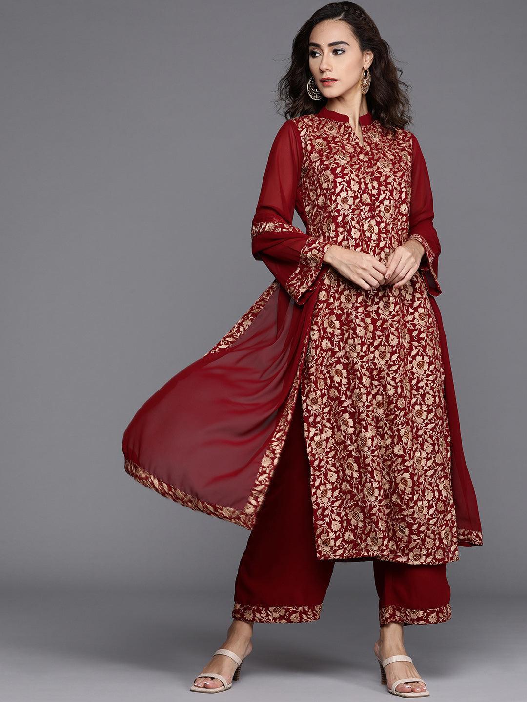 Maroon Embroidered Georgette Suit Set - ShopLibas