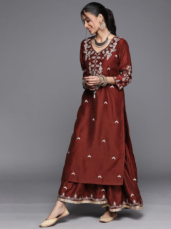 Maroon Embroidered Chanderi Silk Suit Set - ShopLibas