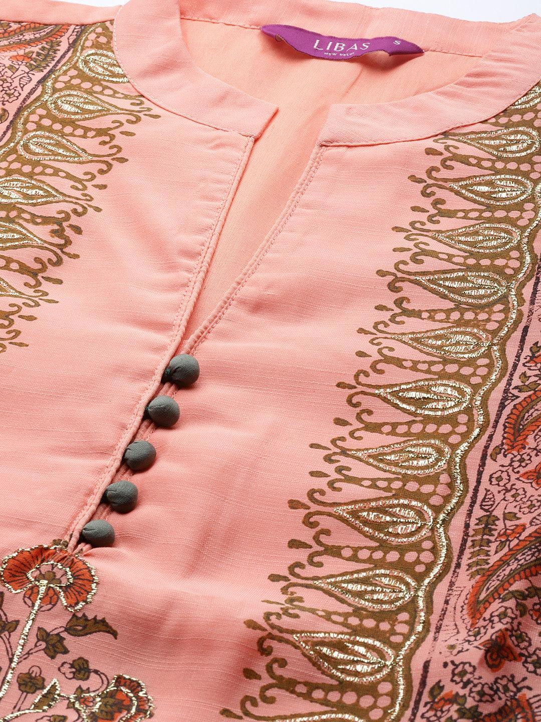 Peach Printed Chanderi Silk Suit Set - ShopLibas