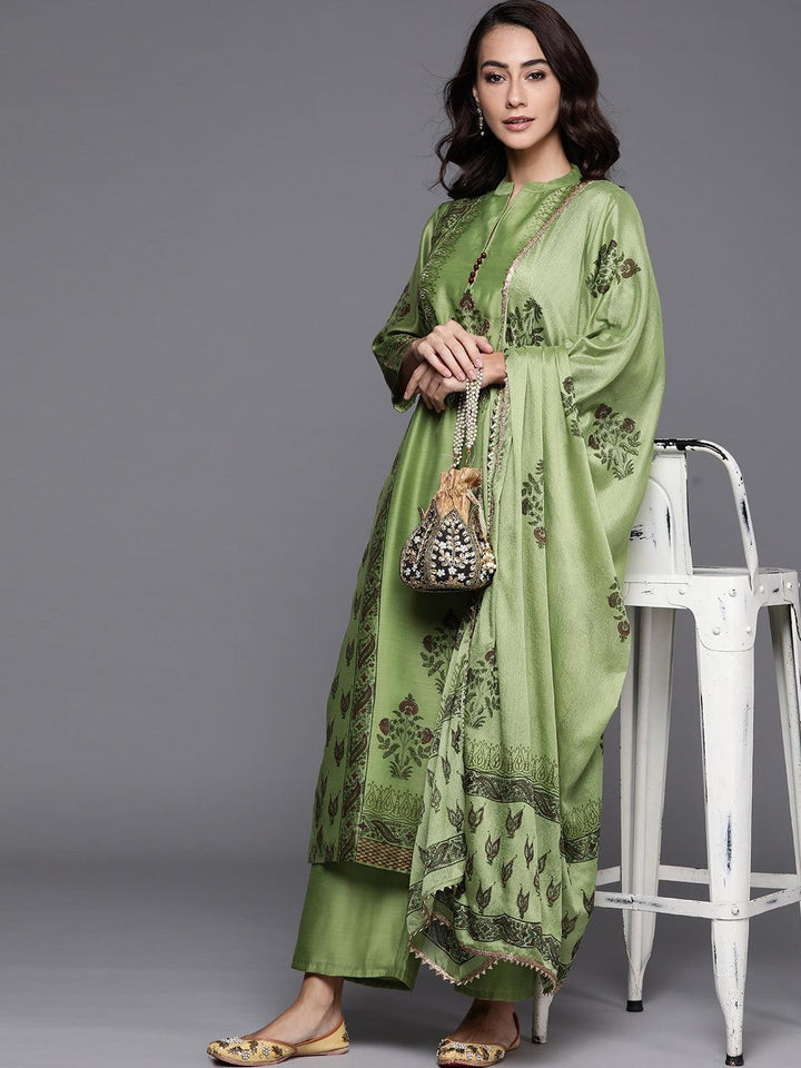 Green Printed Chanderi Silk Suit Set - ShopLibas