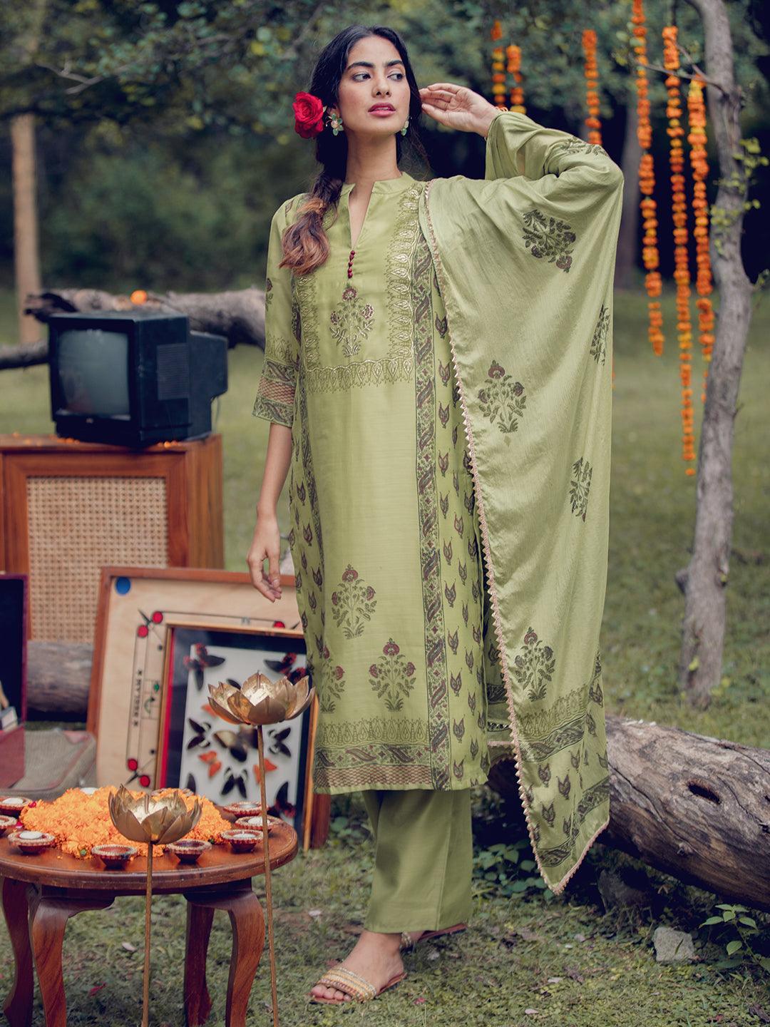 Green Printed Chanderi Silk Suit Set - ShopLibas