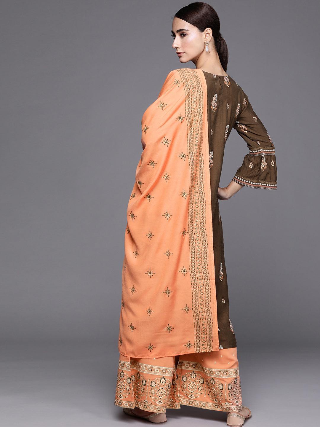Green Printed Silk Blend Suit Set - ShopLibas