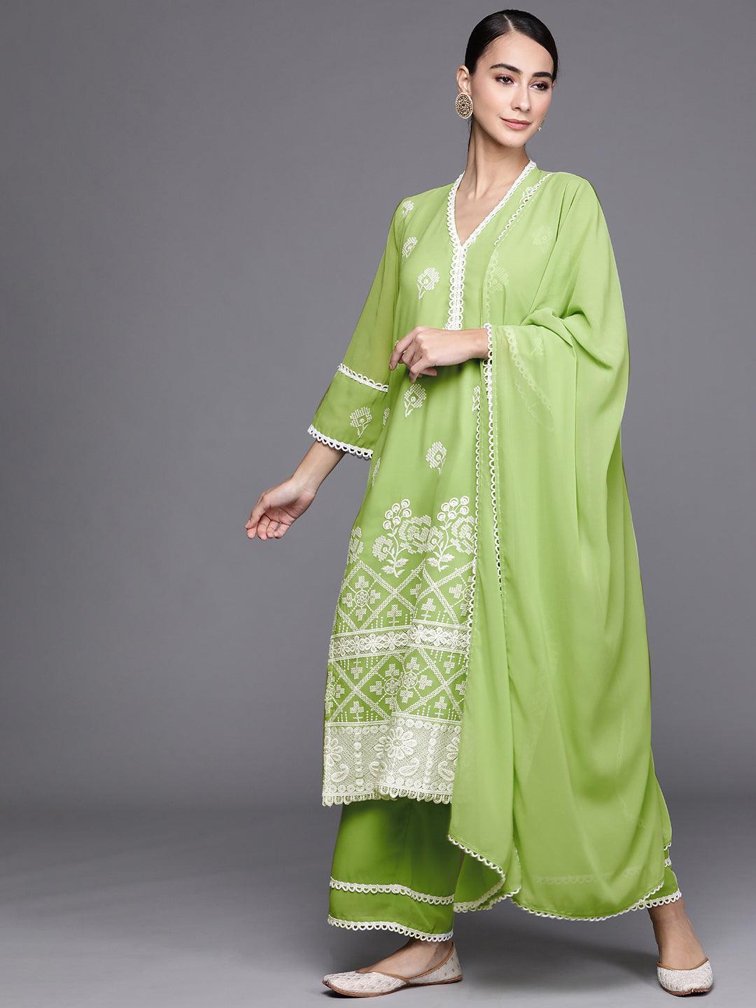 Green Embroidered Georgette Suit Set - ShopLibas