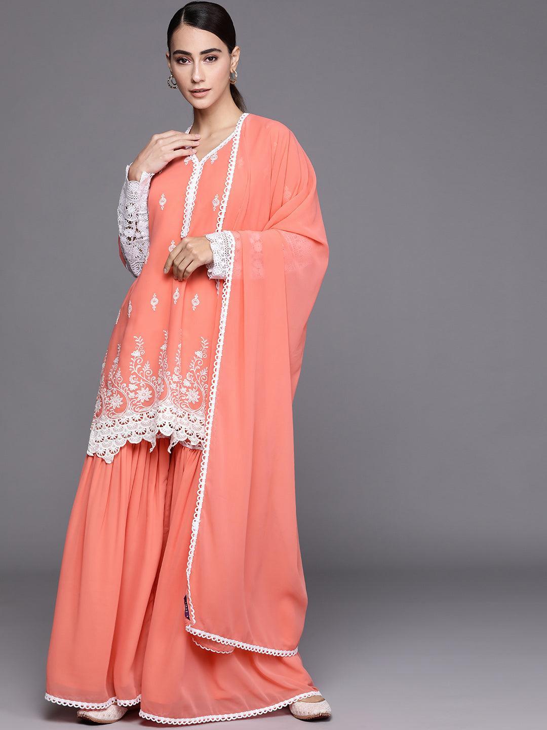 Peach Embroidered Georgette Suit Set - ShopLibas