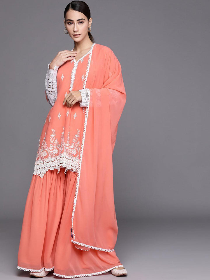 Peach Embroidered Georgette Suit Set - ShopLibas