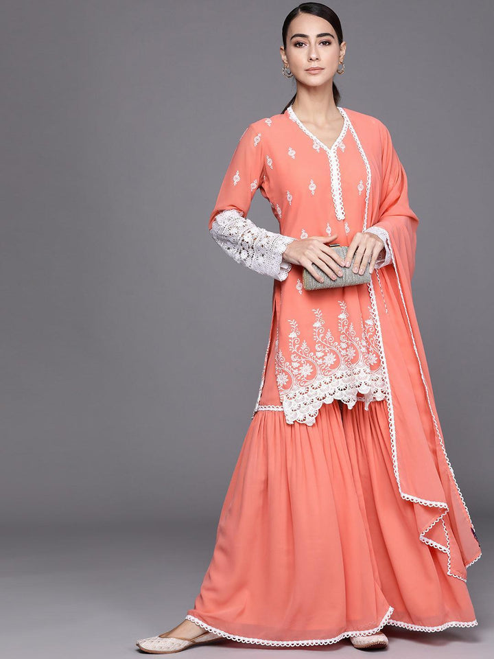Peach Embroidered Georgette Suit Set - ShopLibas