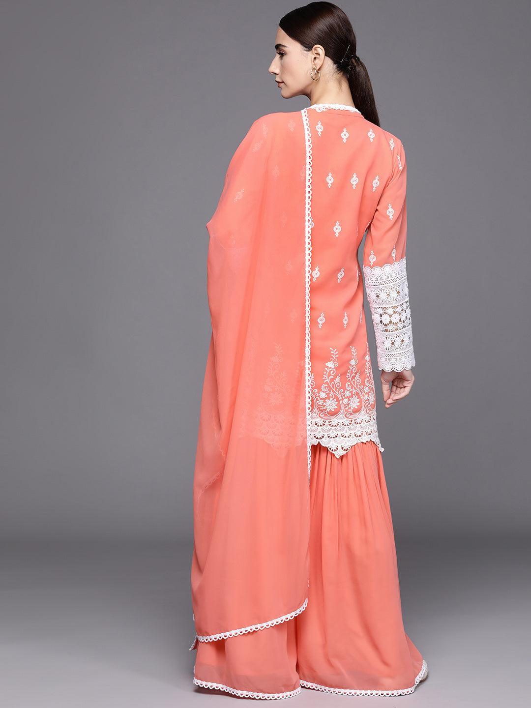 Peach Embroidered Georgette Suit Set - ShopLibas