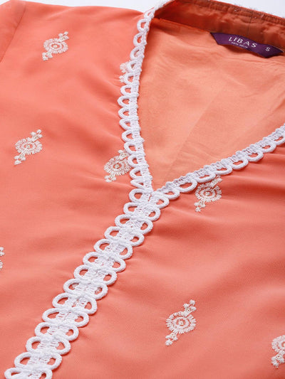 Peach Embroidered Georgette Suit Set - ShopLibas