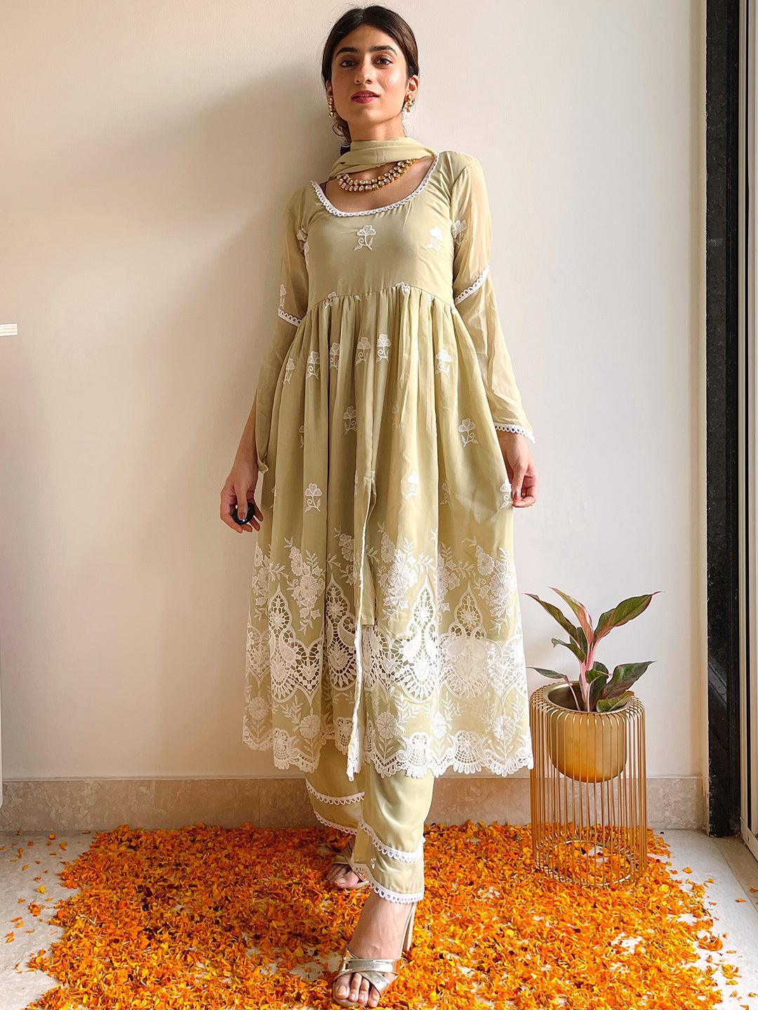 Green Embroidered Georgette Suit Set - ShopLibas
