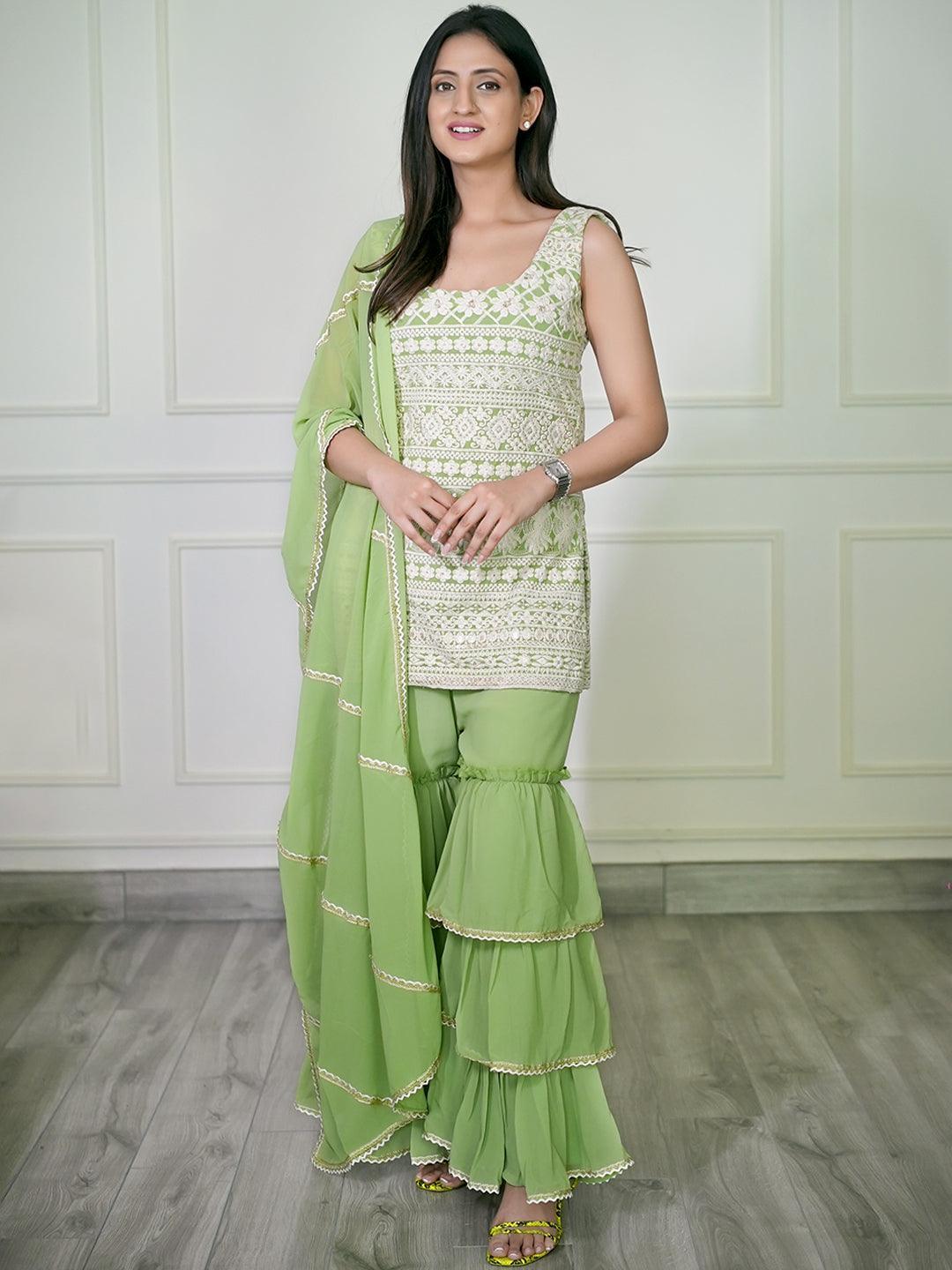Green Embroidered Georgette Suit Set - ShopLibas