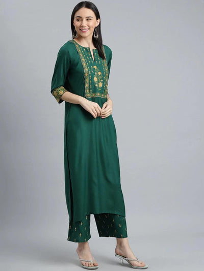 Green Printed Rayon Suit Set - ShopLibas
