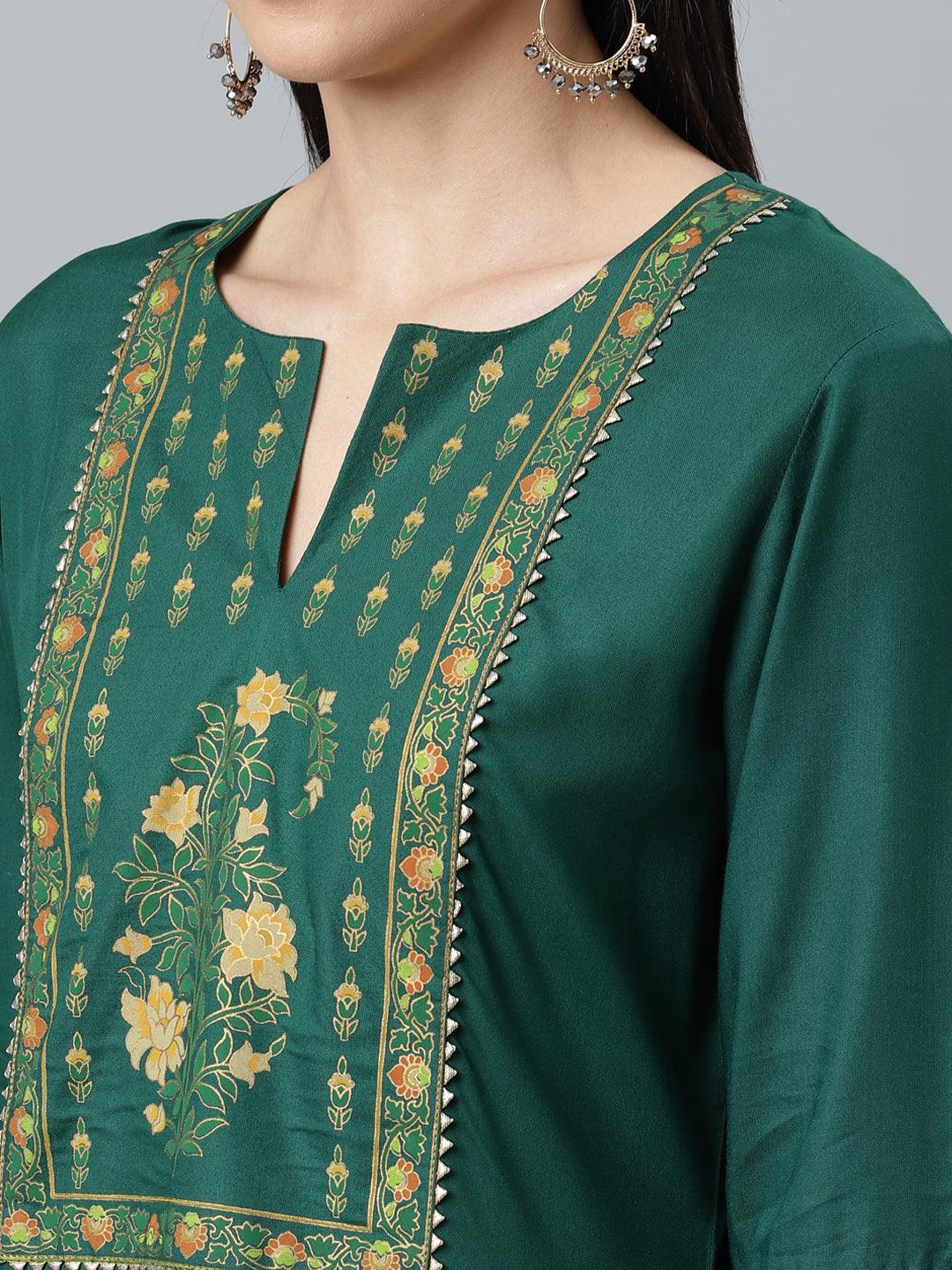 Green Printed Rayon Suit Set - ShopLibas